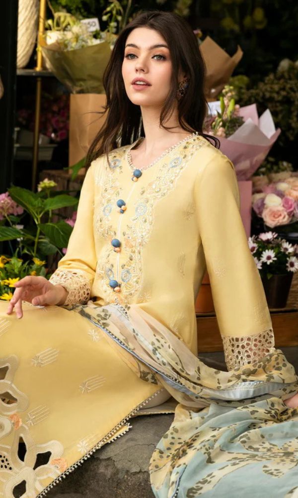 Lawn 3pc unstitched chiken kari embroidered suit with digital printed dupatta