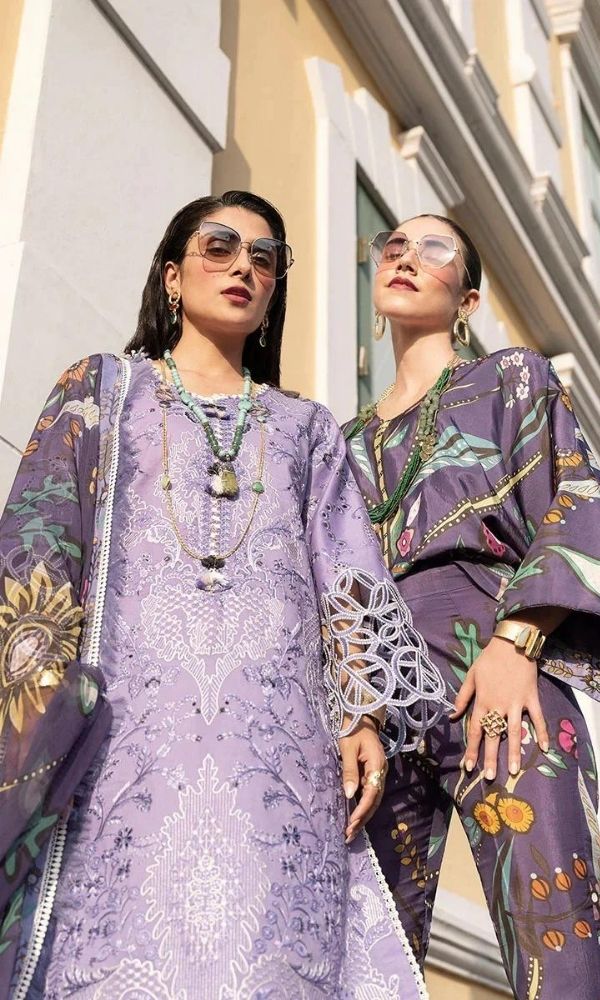 lawn 3pc unstitched heavy embroidered suit with silk digital printed dupatta