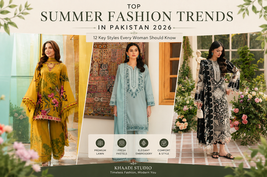 Top Summer Fashion Trends in Pakistan 2026 featuring premium lawn suits by Khaadi Studio