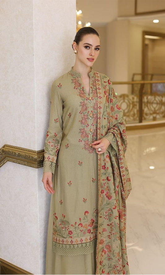 Dhanak 3pc unstitched heavy embroidered suit suit with heavy embroidered shawl