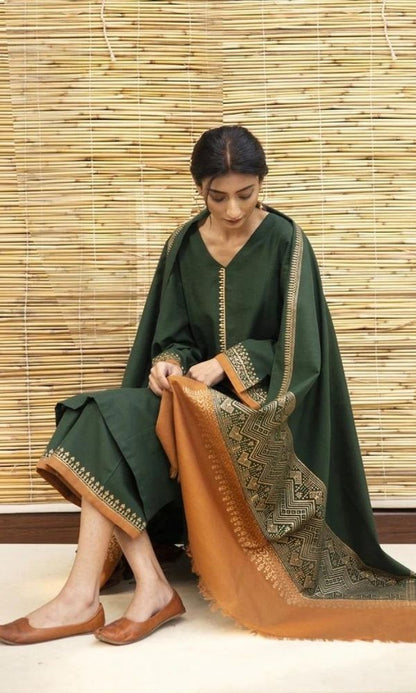 Dhanak 3pc unstitched shirt with patches with printed wool shawl