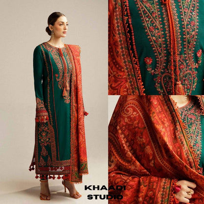 Traditional embroidered outfit with close-up details, featuring 'Khaadi Studio' branding.