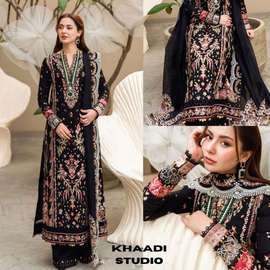 Lawn 3pc unstitched luxury heavy embroidered suit with embroidered dupatta pallu patches