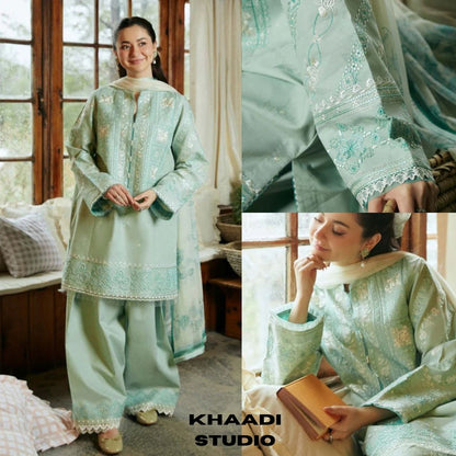 Lawn 3pc heavy embroidered suit with digital printed dupatta and trouser patches