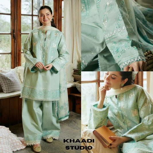 Lawn 3pc heavy embroidered suit with digital printed dupatta and trouser patches
