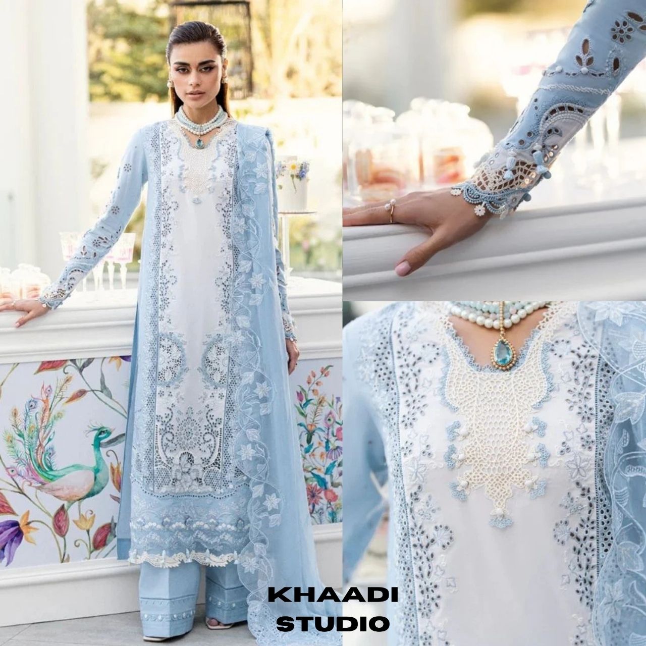 Lawn 3pc unstitched luxury heavy chiken kari embroidered suit with embroidered dupatta and pallu patches