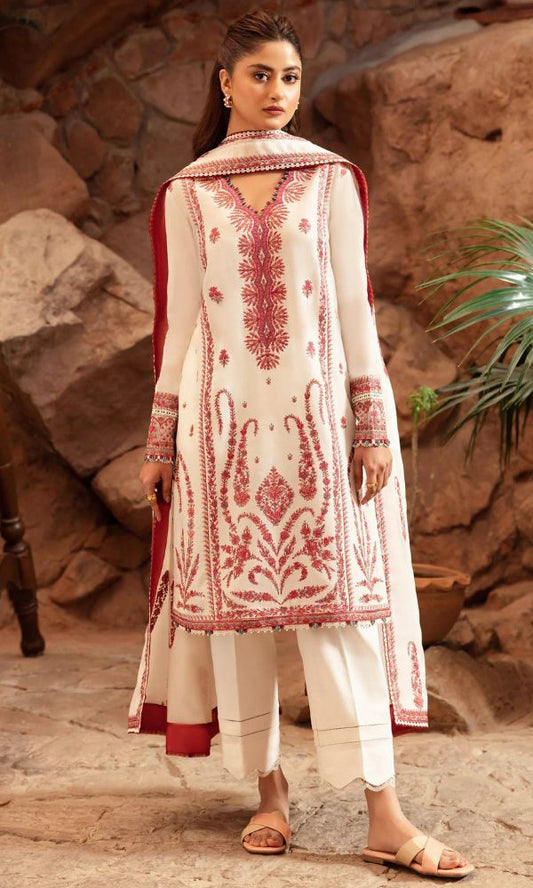 Dhanak 3pc unstitched heavy embroidered suit with heavy embroidered shawl