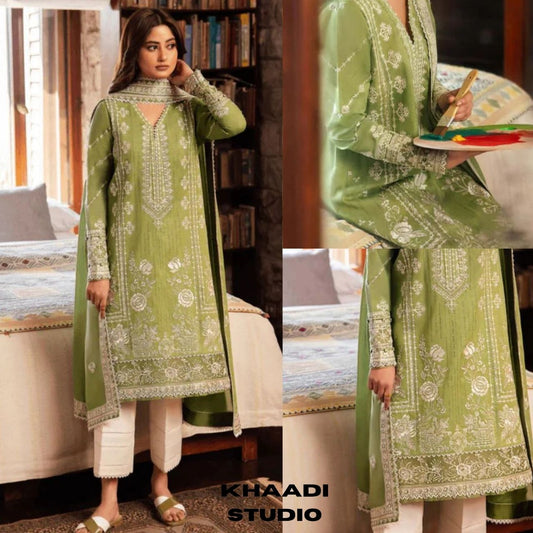 Lawn 3pc unstitched heavy embroidered suit with sequence embroidered dupatta and patches