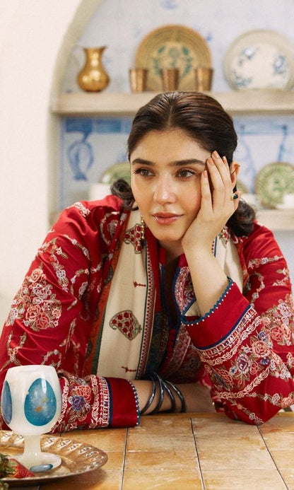 Dhanak 3pc unstitched heavy chiken kari embroidered suit with embroidered trouser