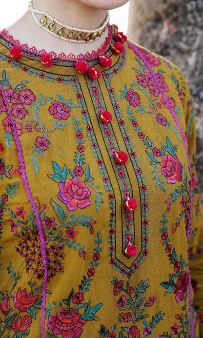 Dhanak unstitched 3pc heavy embroidered suit with wool shawl