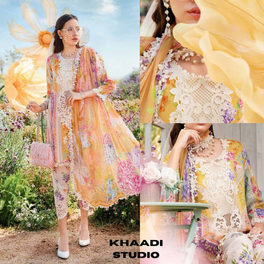 Lawn 3pc digital printed suit with patches