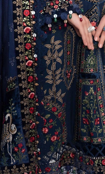 Dhanak 3pc unstitched heavy embroidered suit with velvet work