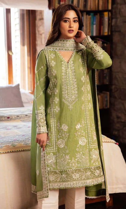 Lawn 3pc unstitched heavy embroidered suit with sequence embroidered dupatta and patches