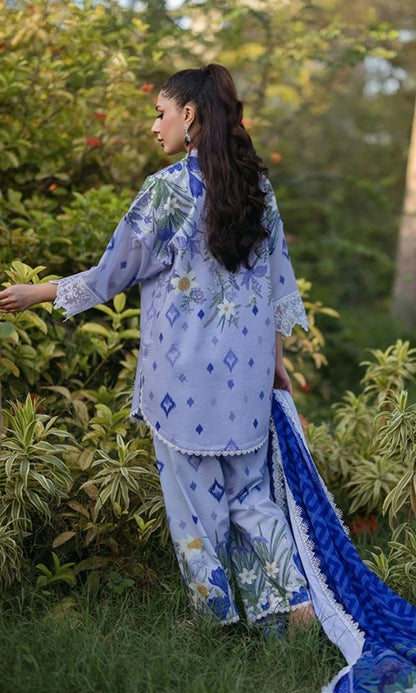 Lawn 3pc unstitched digital printed embroidered suit with embroidered patches