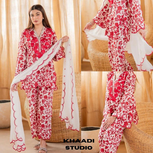 Lawn 3pc digital printed suit with bamber shaffon embroidered dupatta