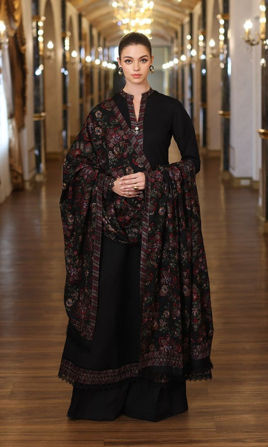 Dhanak 3pc unstitched heavy embroidered suit with heavy embroidered shawl