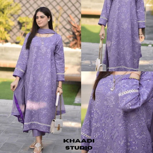 Lawn 3pc unstitched all over heavy embroidered suit with bamber embroidered dupatta