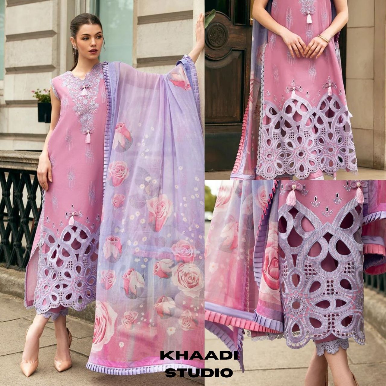 Lawn 3pc unstitched chiken kari embroidered suit with poly lawn digital printed dupatta