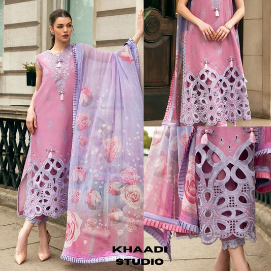 Lawn 3pc unstitched chiken kari embroidered suit with poly lawn digital printed dupatta