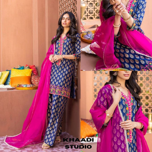 Lawn 3pc unstitched digital printed suit with patches