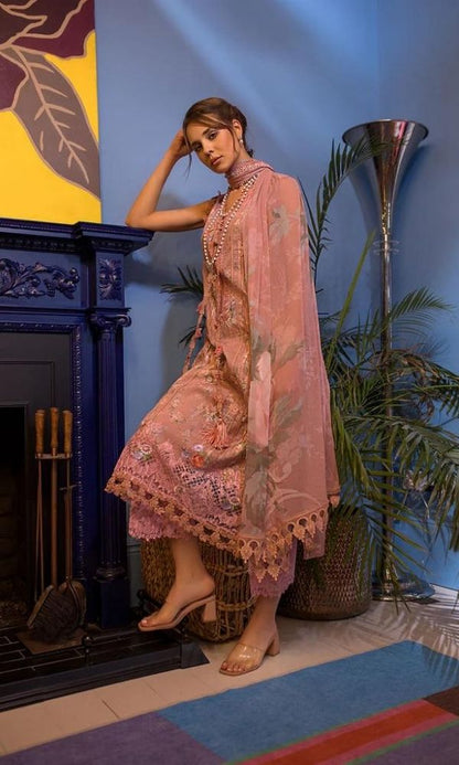 Lawn 3pc digital printed suit with silk dupatta and patches