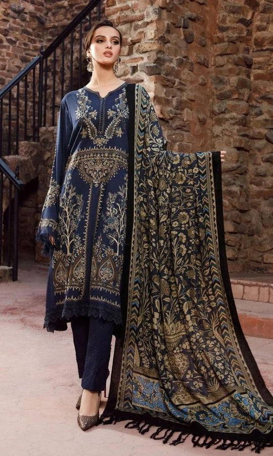 Dhanak unstitched 3pc heavy embroidered shirt with printed wool shawl