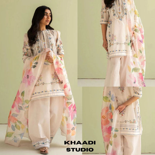 Lawn 3pc unstitched digital printed suit with silk digital printed dupatta