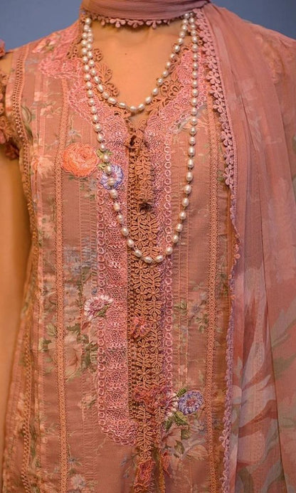 Lawn 3pc digital printed suit with silk dupatta and patches