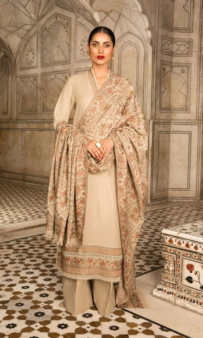 Dhanak unstitched 3pc heavy embroidered shirt with heavy embroidered shawl