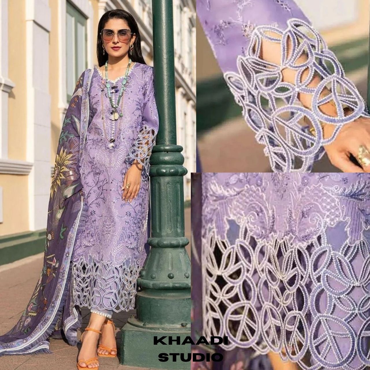 Lawn 3pc heavy boring embroidered shirt with silk dupatta