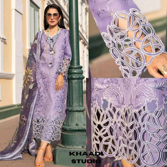 Lawn 3pc heavy boring embroidered shirt with silk dupatta