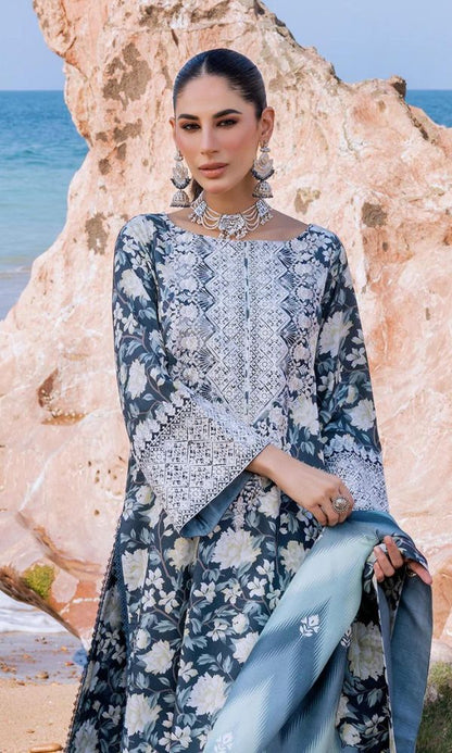 Lawn 3pc digital printed dupatta with patches and silk digital printed dupatta