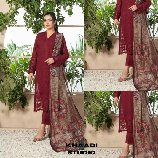Lawn 3pc chiken kari embroidered suit with monar printed dupatta