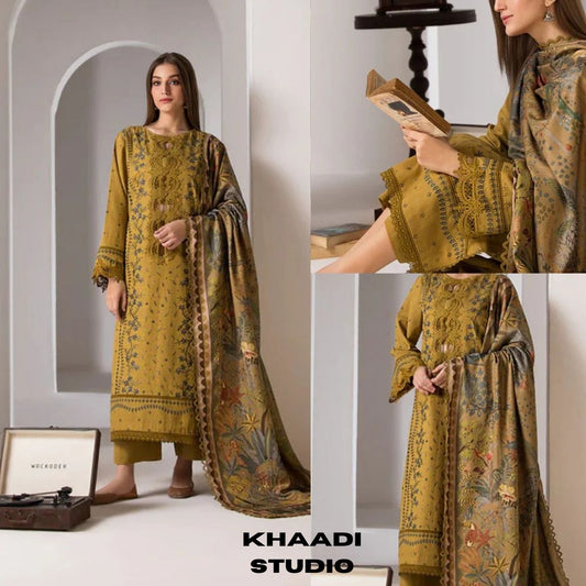 Lawn 3pc unstitched heavy embroidered suit with poly lawn digital printed dupatta