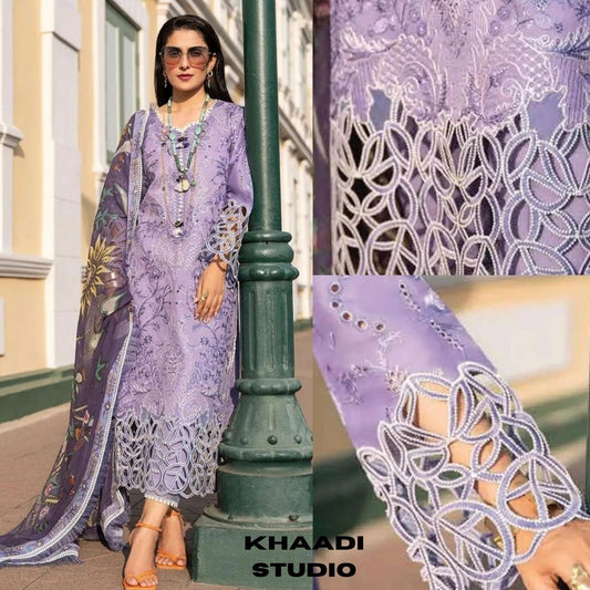 lawn 3pc unstitched heavy embroidered suit with silk digital printed dupatta
