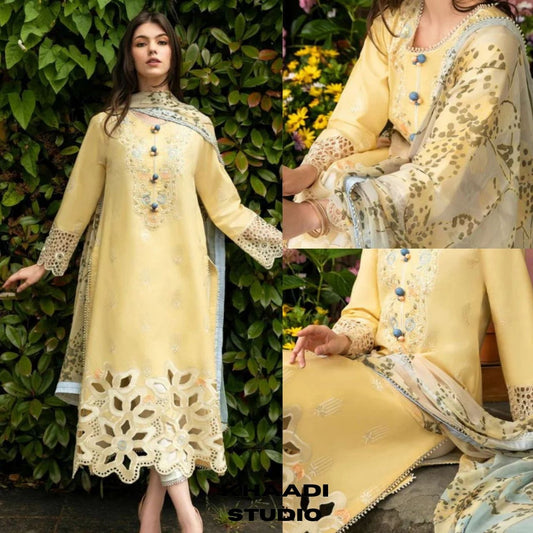 Lawn 3pc unstitched chiken kari embroidered suit with digital printed dupatta