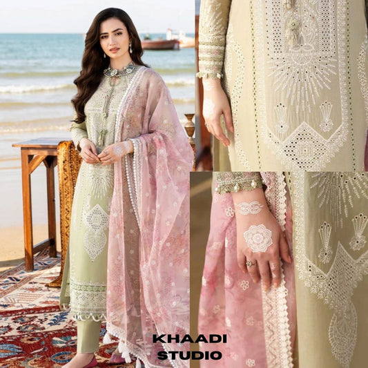Lawn 3pc unstitched chiken kari heavy embroidered suit with poly lawn digital printed dupatta