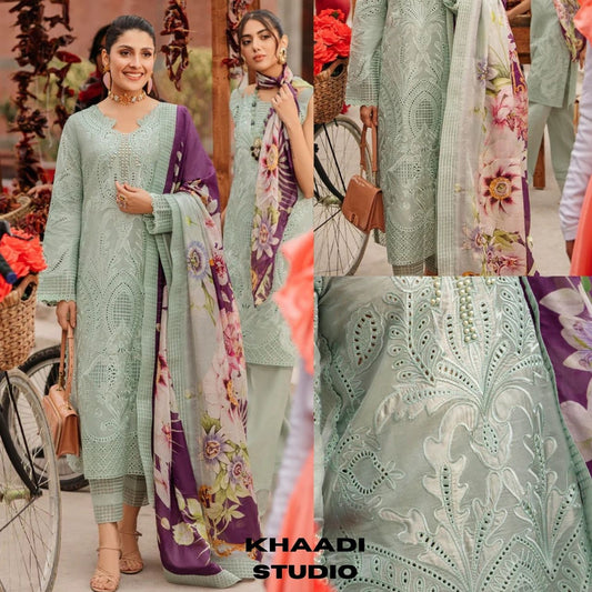 Lawn 3pc chikenkari heavy embroidered suit