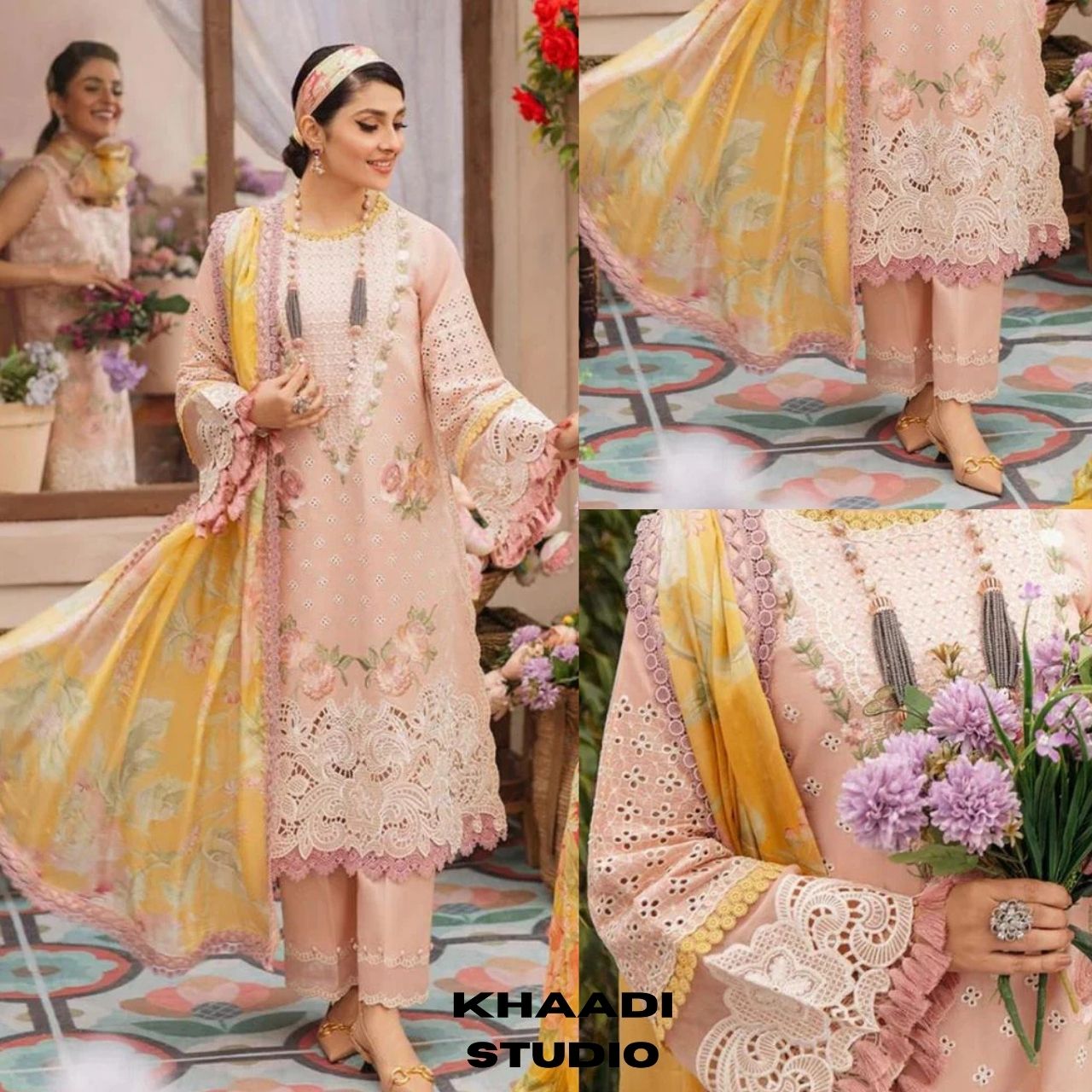 Lawn 3pc unstitched heavy embroidered suit with silk dupatta