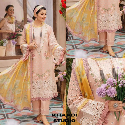 Lawn 3pc unstitched heavy embroidered suit with silk dupatta