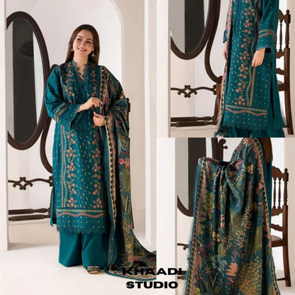 Lawn 3pc unstitched heavy embroidered suit with poly lawn digital printed dupatta