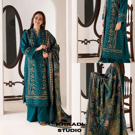 Lawn 3pc unstitched heavy embroidered suit with poly lawn digital printed dupatta