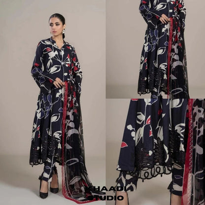 Lawn 3pc digital printed suit with silk digital printed dupatta with patches