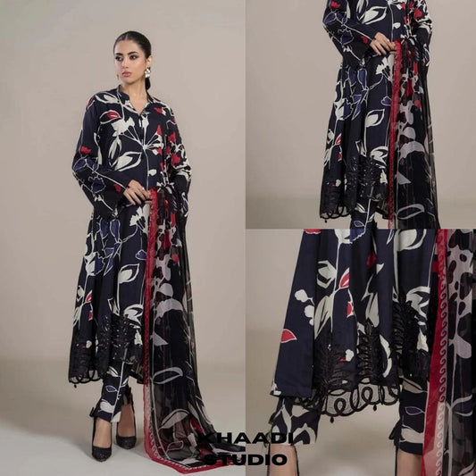 Lawn 3pc digital printed suit with silk digital printed dupatta with patches