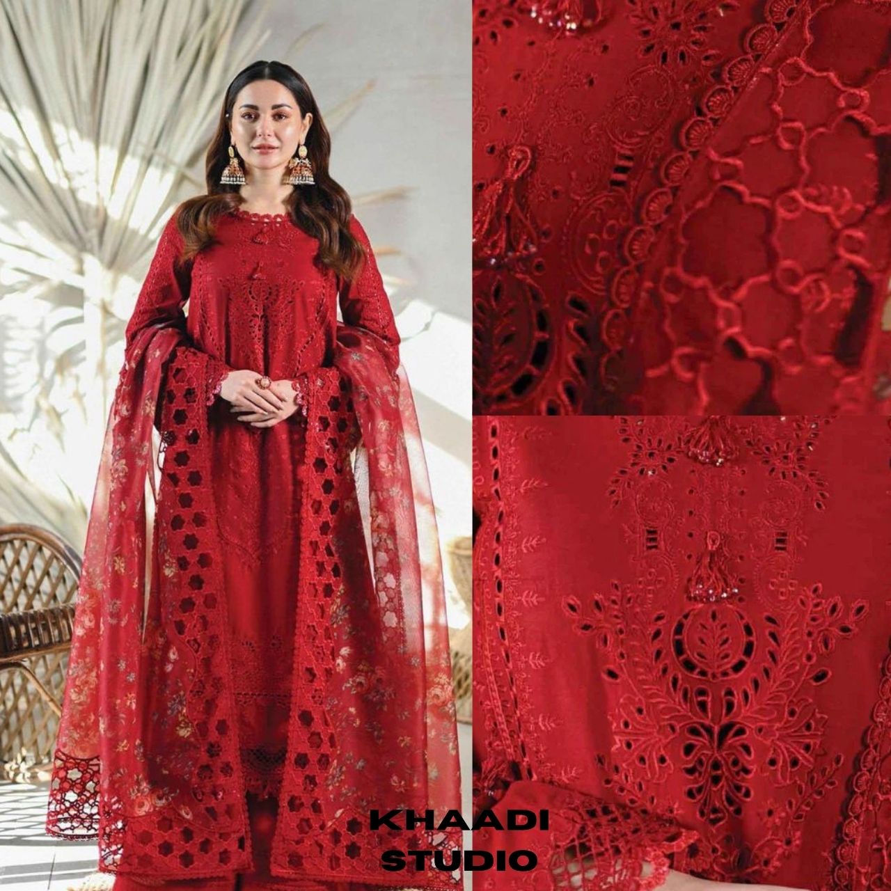 Lawn3pc unstitched heavy chiken kari embroidered suit with embroidered dupatta