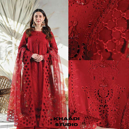 Lawn3pc unstitched heavy chiken kari embroidered suit with embroidered dupatta
