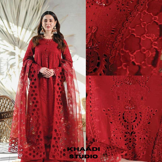 Lawn3pc unstitched heavy chiken kari embroidered suit with embroidered dupatta