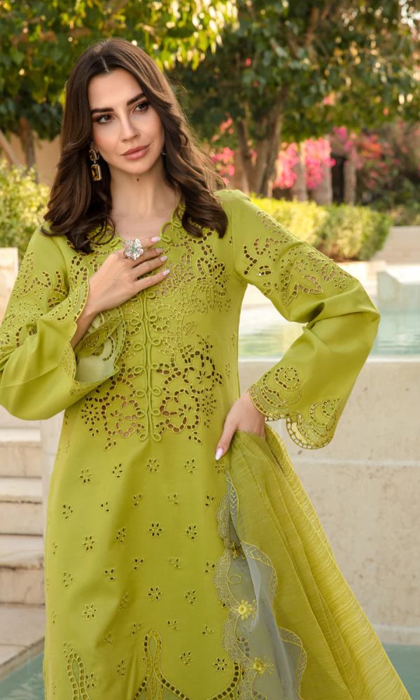 Lawn 3pc unstitche heavy chiken kari embroidered suit embroiered sleeves