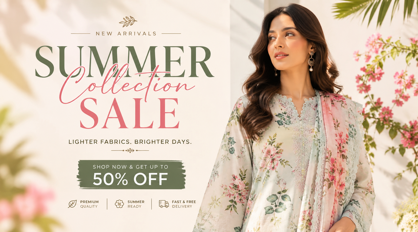 A woman modeling a light floral salwar kameez set with a pink dupatta, set against a warm, sunlit background with promotional text reading 'Summer Collection Sale' and 'Shop now & get up to 50% off'.
