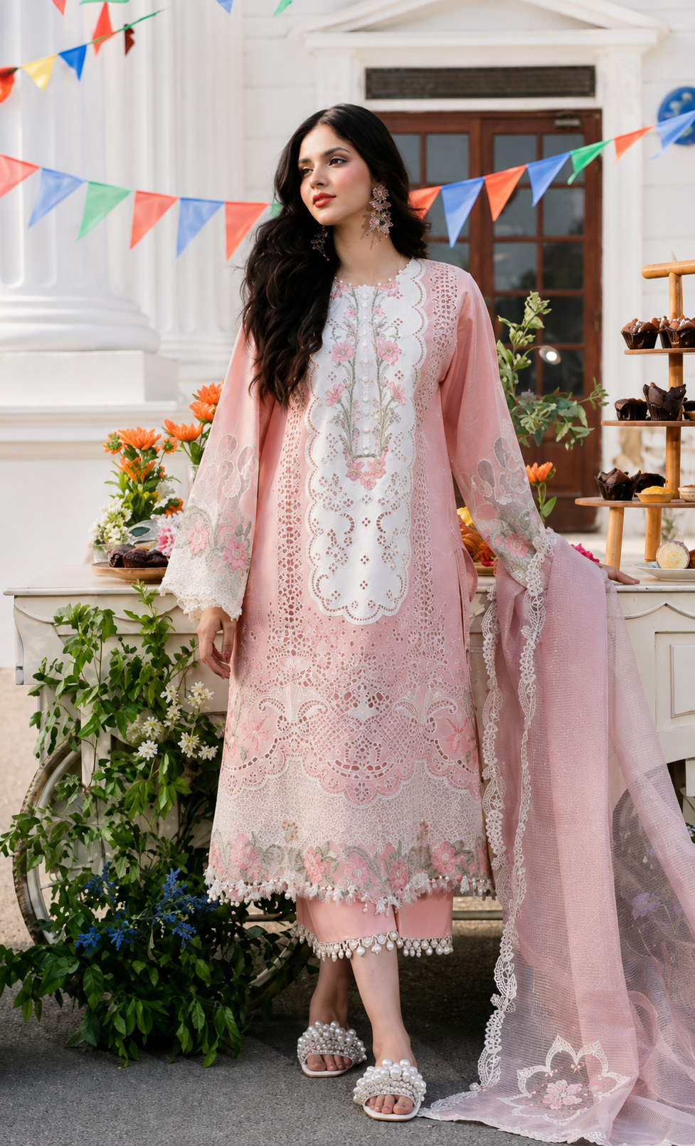 Lawn 3pc unstitched heavy chikenkari embroidered suit